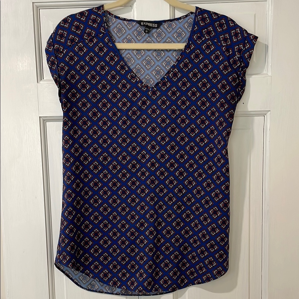 Express Women's Blue Patterned Top